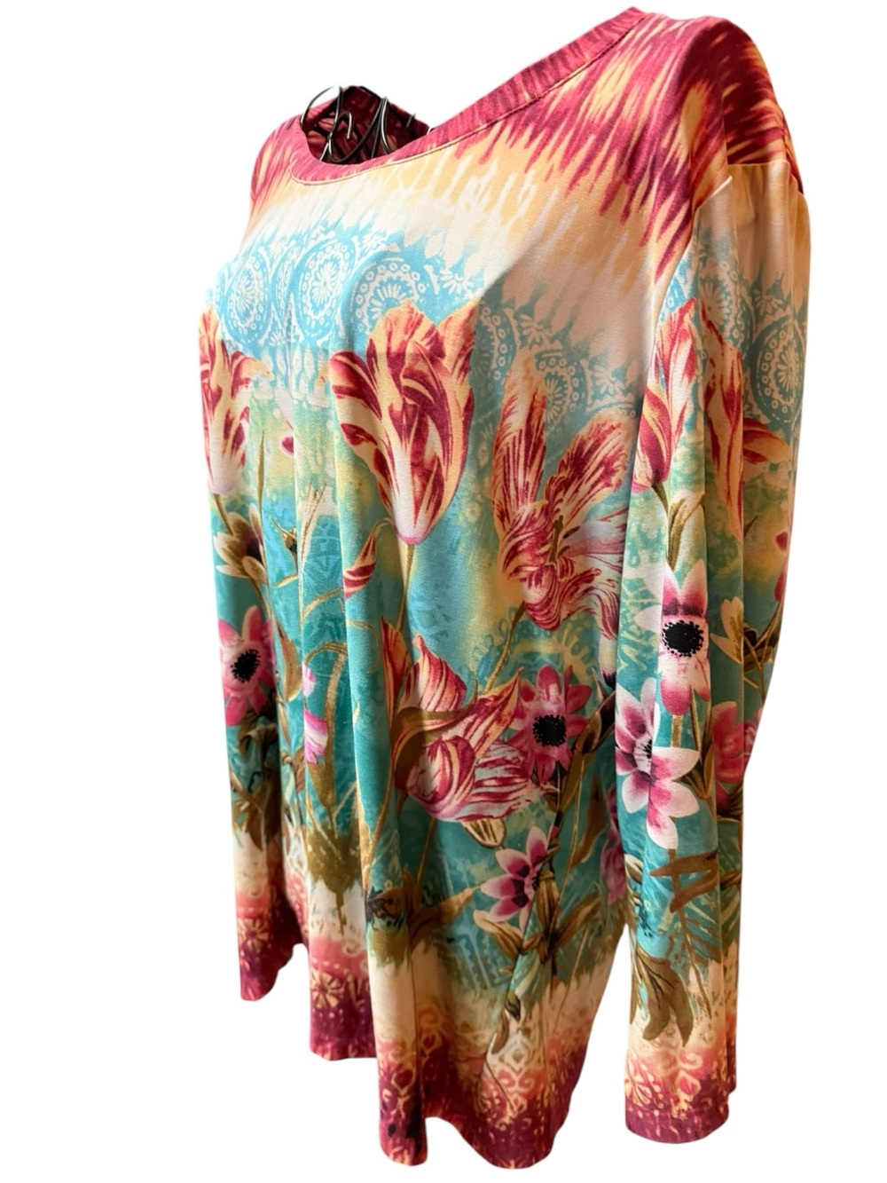 Floral Watercolor Long-Sleeve Scoop Neck Top - Teal & Pink XL - Picture 5 of 7